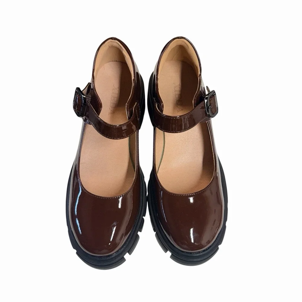 Women's Brown Patent Mary Jane Chunky Lug Sole Platform Work Shoes Size 5.5 NWOB